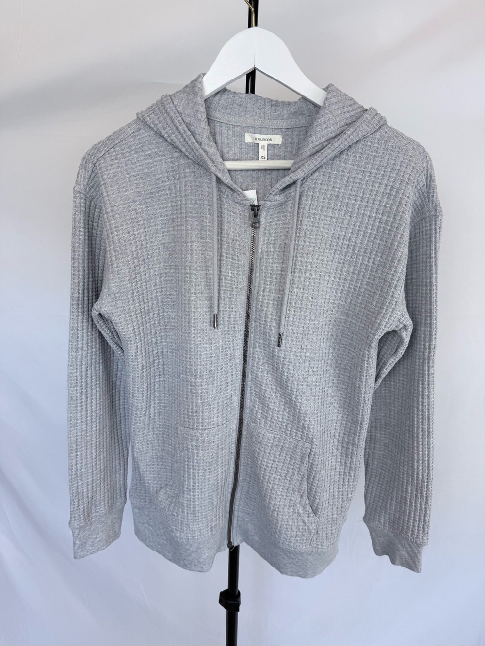 Casual Zip-Up Hooded Waffle Sweater - Light Gray
